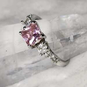 Womens Sterling Silver Princess Cut Pink Crystal Diamond